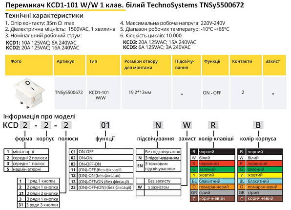 Перемикач KCD1-101 W/W 1 клавіша білий TNSy5500672, фото 2