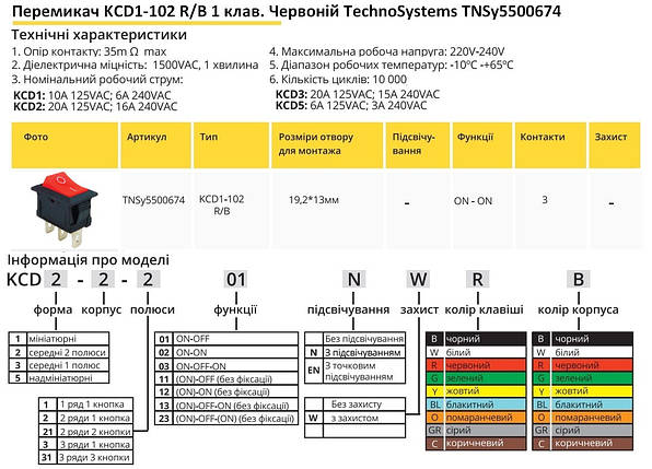 Перемикач KCD1-102 R/B 1 клавіша червоний Ny95500674, фото 2