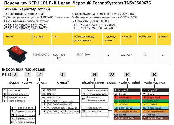 Перемикач KCD1-101 R/B 1 клавіша червоний TNSy5500676, фото 2