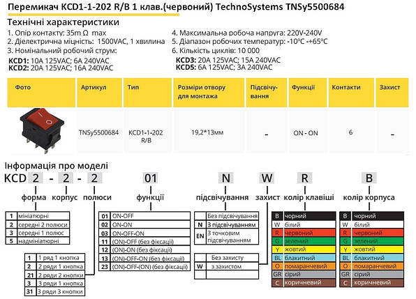 Перемикач KCD1-1-202 R/B 1 клавіша червоний TNSy5500684, фото 2