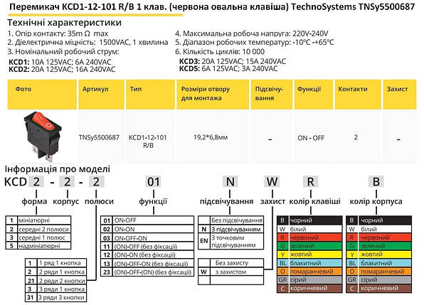 Перемикач KCD1-12-101 R/B 1 червона клавіша овальна клавіша TNSy5500687, фото 2