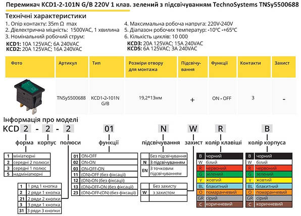 Перемикач KCD1-2-101N G/B 220V 1 кнопка зелена з підсвічуванням TNSy5500688, фото 2