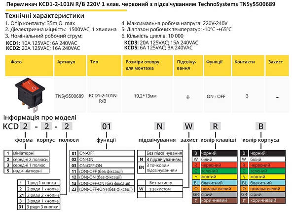 Перемикач KCD1-2-101N R/B 220V 1 червона клавіша з підсвічуванням TNSy5500689, фото 2