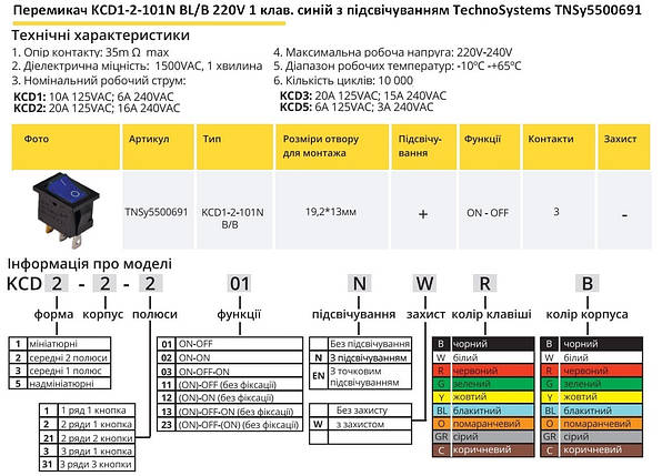 Перемикач KCD1-2-101N BL/B 220V 1 кнопка синя з підсвічуванням TNSy5500691, фото 2