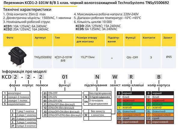 Перемикач KCD1-2-101W B/B 1 клавіша чорна вологозахищена TNSy5500692, фото 2