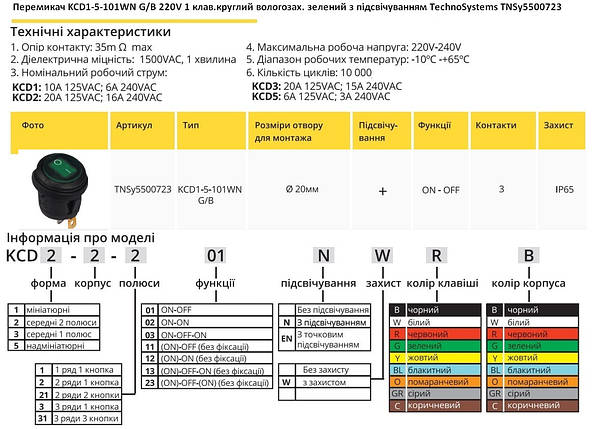 Перемикач KCD1-5-101WN G/B 220V 1 кл зелена цілий вологозахищена з підсвічуванням TNSy5500723, фото 2