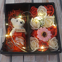 Подарочная коробка с розами из мыла и мишкой, лучший подарок девушке, жене, любимой, маме (Реальные фото!)