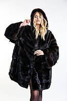 Шуба жіноча з норки РОЗМІР+ з капюшоном махагон-перегон
