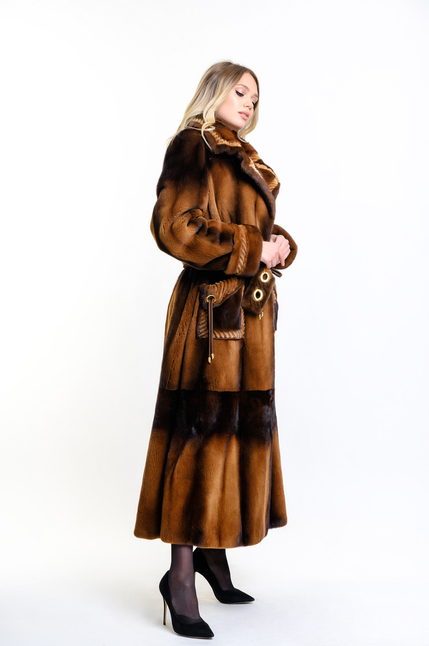 Шуба женская из норки длинная коричневая с поясом отложной воротник. - фото 4 - id-p1040876251