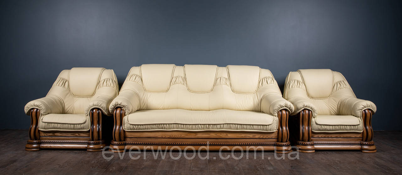 Класичний шкіряний диван "Грізлі" і шкіряні м'які крісла для вітальні