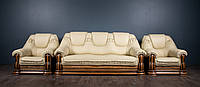 Классический кожаный диван "Гризли" и кожаные мягкие кресла для гостиной