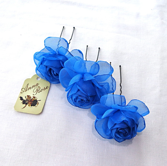 Шпильки для волосся з квітами з тканини ручної роботи "Синя чайна троянда"