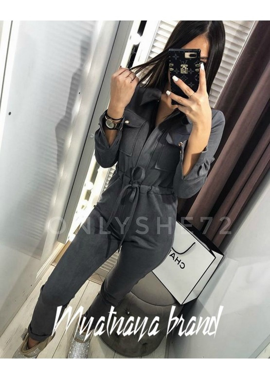 Жіночий стильний замшевий комбінезон на блискавці, фото 1