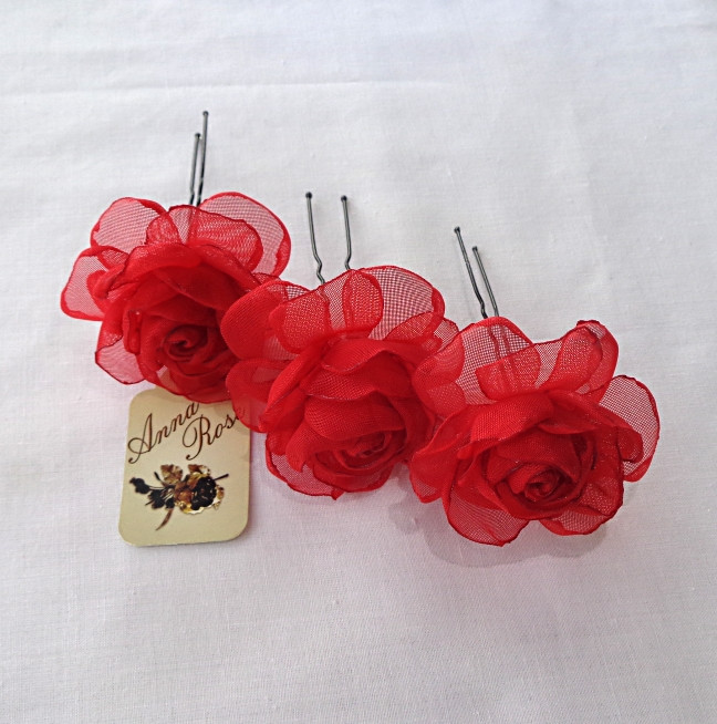 Шпильки для волосся з квітами з тканини ручної роботи "Чайна червона троянда"