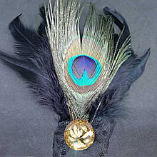 Брошка з павичого пера чорна з камеєю ручна робота 15 х 10 см