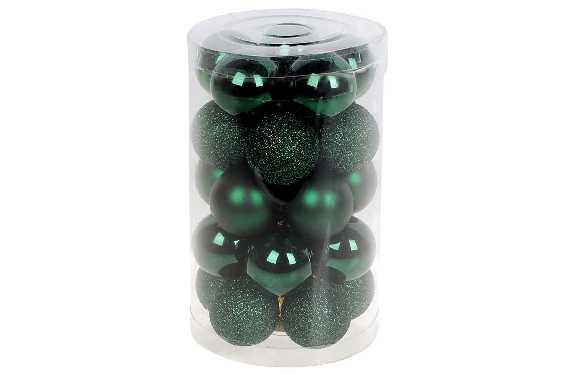 Набір ялинкових шарів 3см, колір - темно-зелений, 25шт: 5шт - матовий, 10шт - глянець, 10шт - гліттер