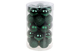Набір ялинкових шарів 3см, колір - темно-зелений, 25шт: 5шт - матовий, 10шт - глянець, 10шт - гліттер