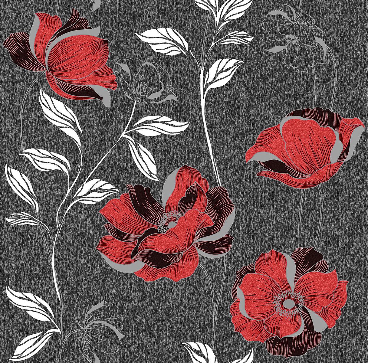 Шпалери паперові Континент Єсенія червоні квіти темно-сірий фон 1270