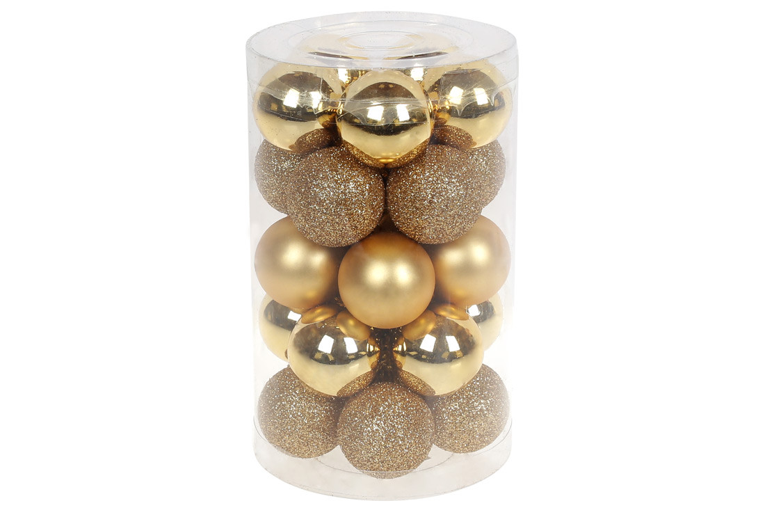 Набір ялинкових шарів 3см, колір - золото, 25шт: 5шт - матовий, 10шт - глянець, 10шт - гліттер