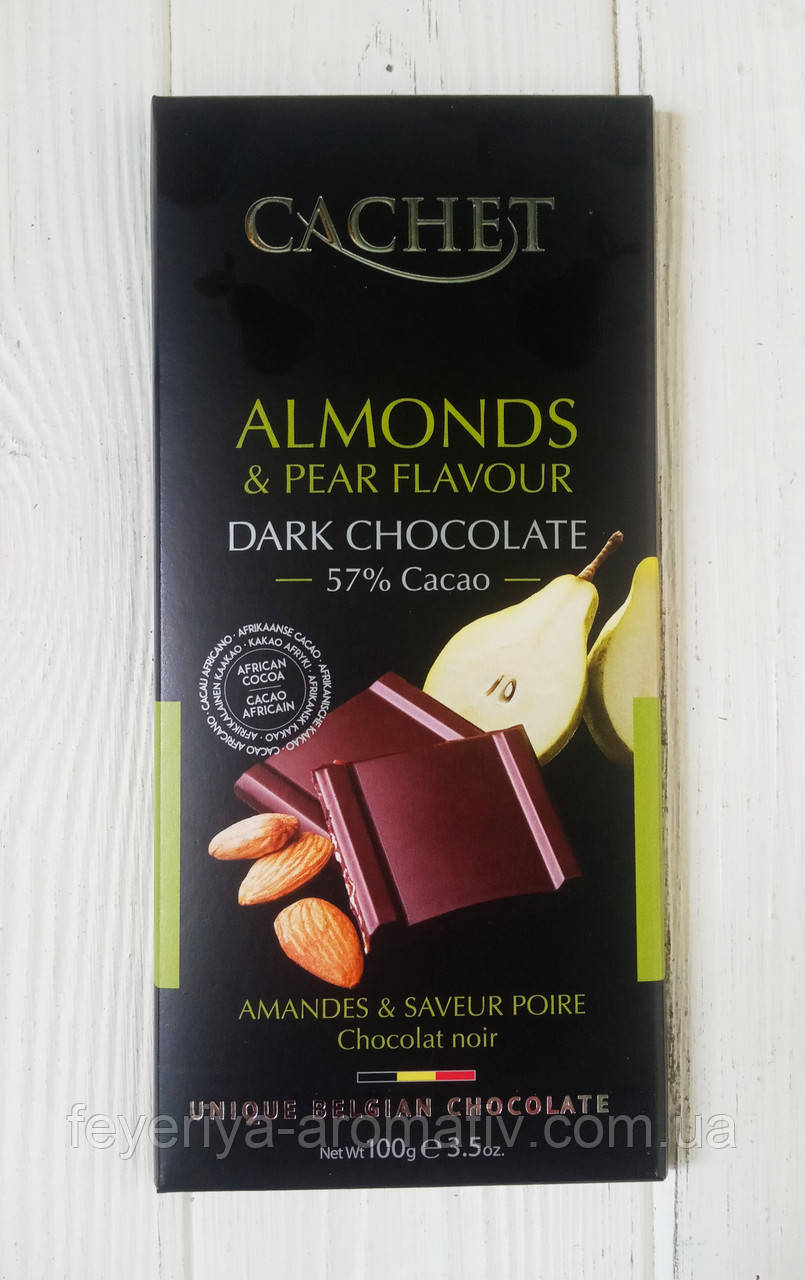 Чорний шоколад 57% какао Pear&Almonds (з грушею та мигдалем) Cachet 100гр (Бельгія)