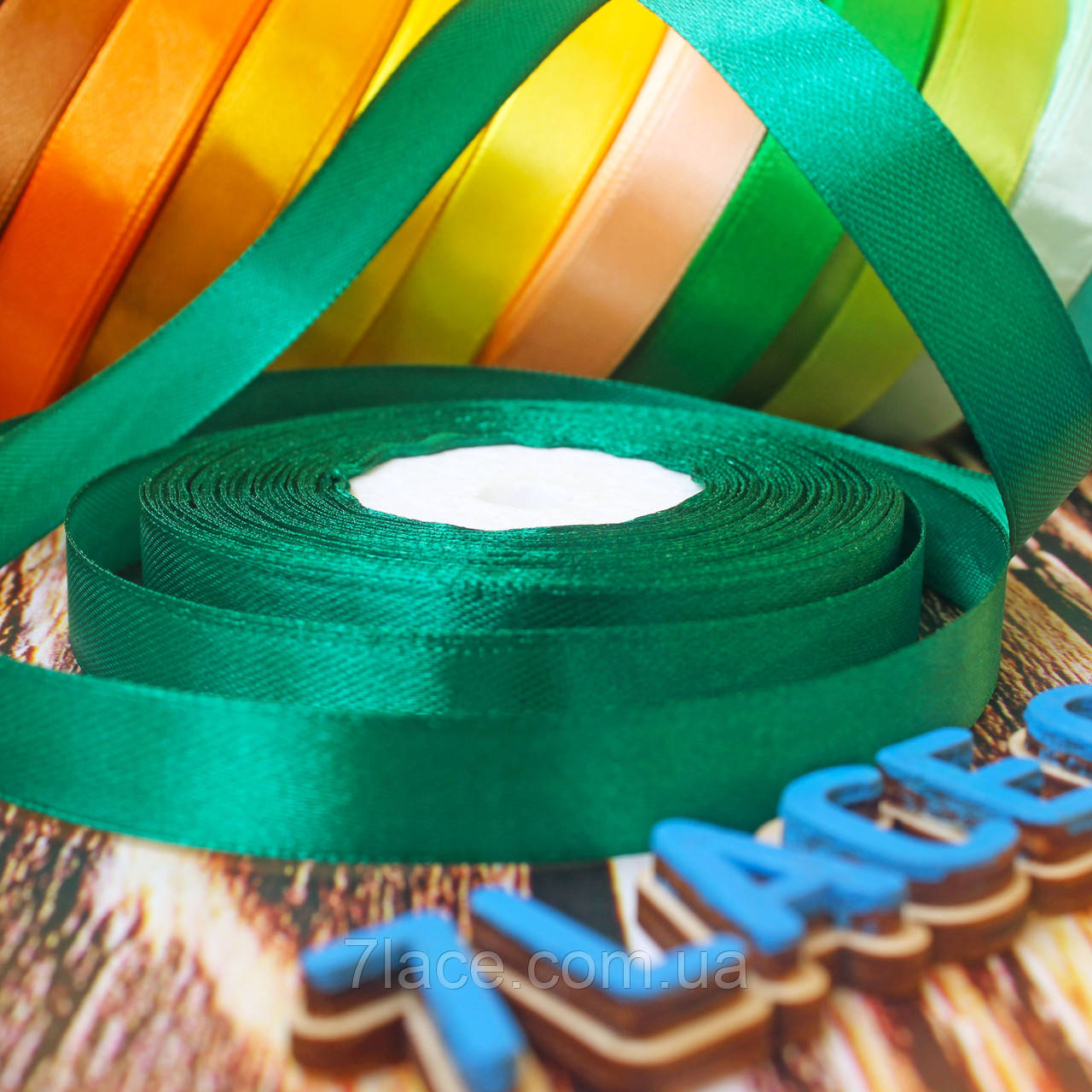 Стрічка атласна однотонна / колір ТЕМНО-ЗЕЛЕНИЙ / ширина 1,2 см / бобіна 23 м