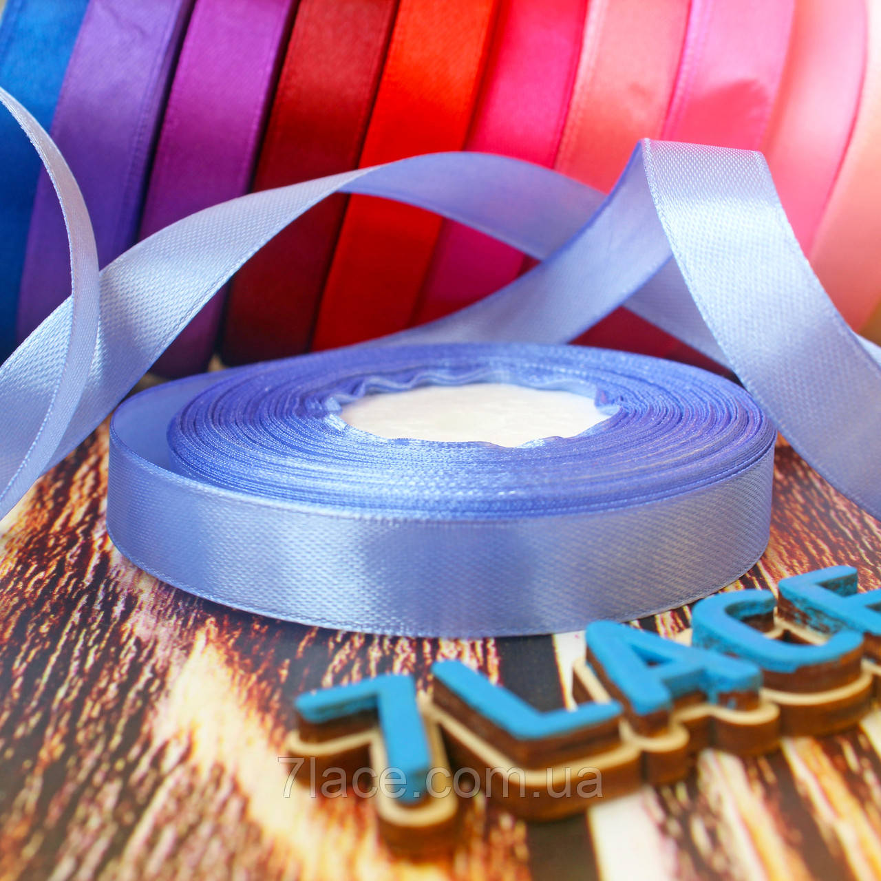 Стрічка атласна однотонна/колір ВАСИЛЬКОВИЙ/ширина 1,2 см/бобіна 23 м, фото 1