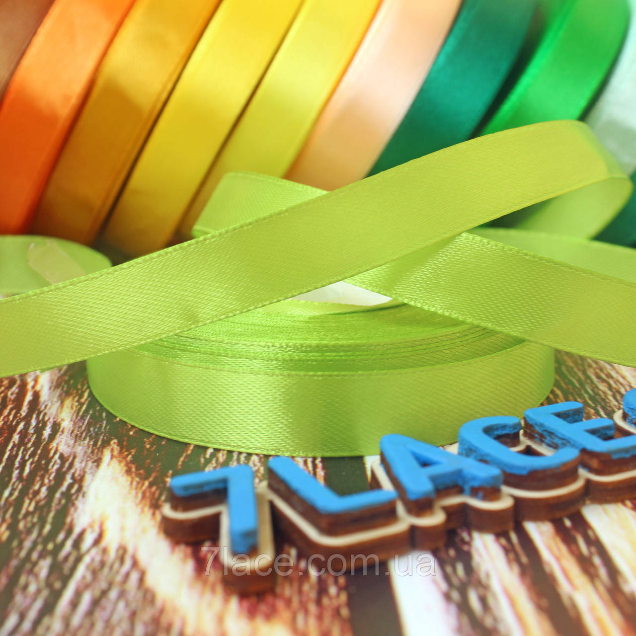 Стрічка атласна однотонна/колір ЛАЙМ/ширина 1,2 см/бобіна 23 м