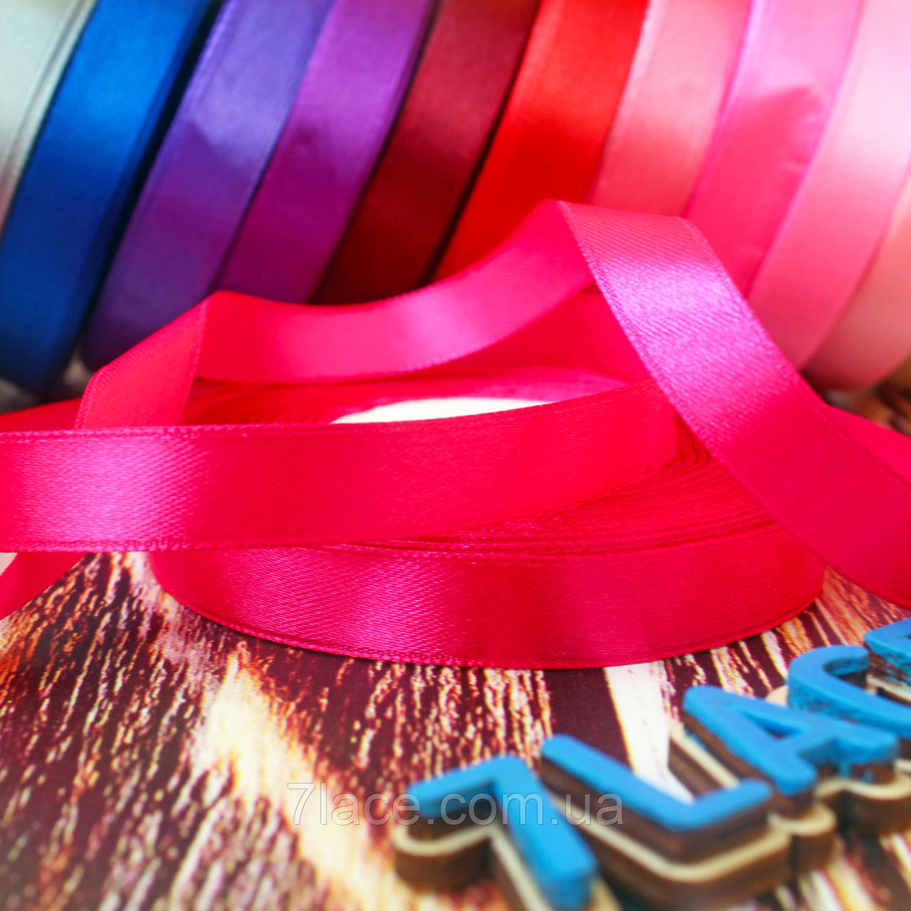 Стрічка атласна однотонна / колір МАЛИНОВИЙ / ширина 1,2 см / бобіна 23 м, фото 1