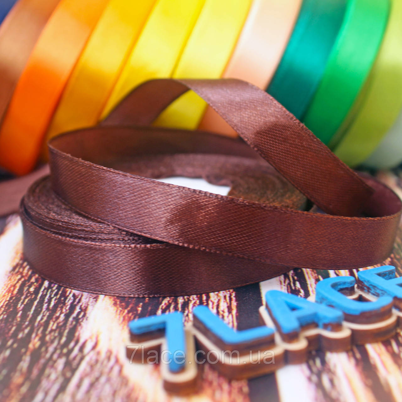 Стрічка атласна однотонна / колір КОРИЧНЕВИЙ / ширина 1,2 см / бобіна 23 м