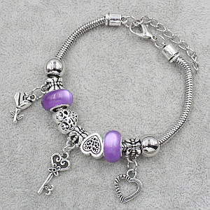 Pandora браслет серебристого цвета ключ с фиолетовыми шармами 9 штук длина браслета 22 см ширина 3 мм