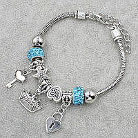 Pandora браслет серебристого цвета корона с голубыми шармами 9 штук длина браслета18-23 см