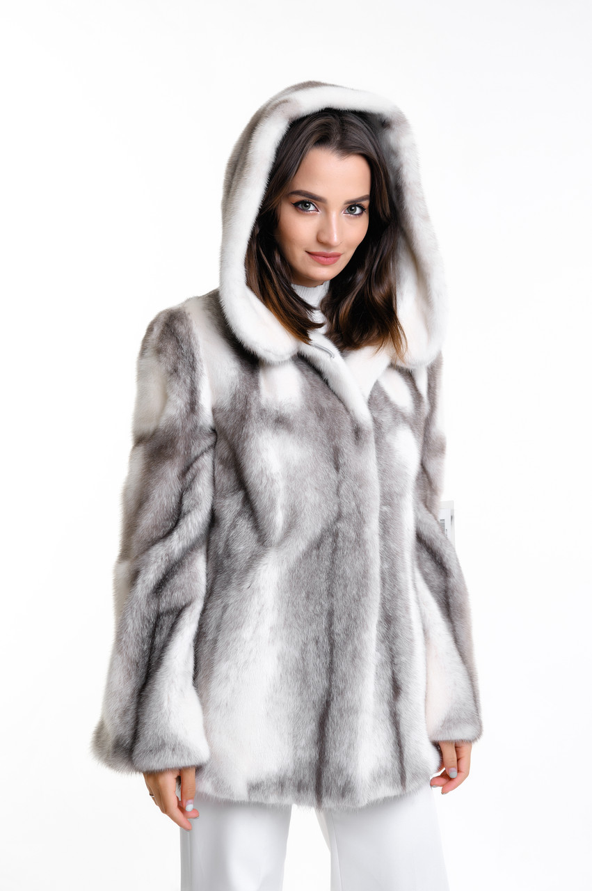 Шуба з норки жіноча біла з капюшоном приталена укорочена, фото 1