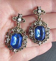 Красивые винтажные серьги с кристаллами синие Клаудия