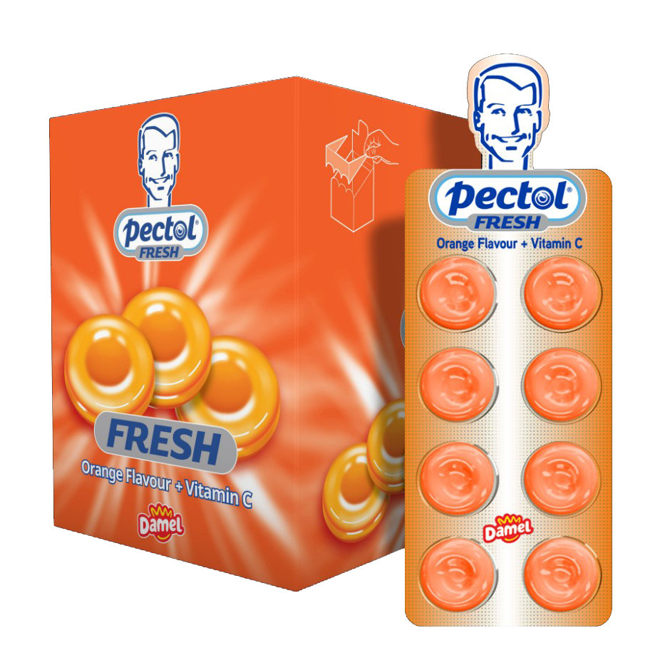 Льодяники Damel Pectol Orange Flavour + Vitamin C Апельсин+вітамін С блістер, 20 г 24шт/уп, фото 1