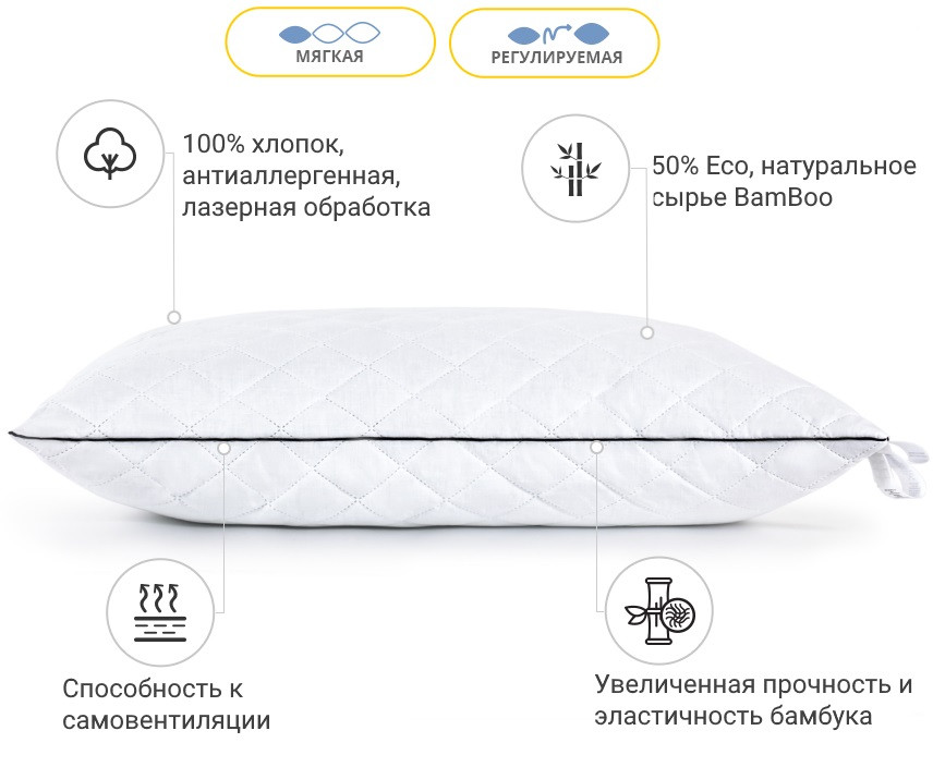 Подушка бамбукова 50х70 Royal Pearl 0413 м'яка на блискавці