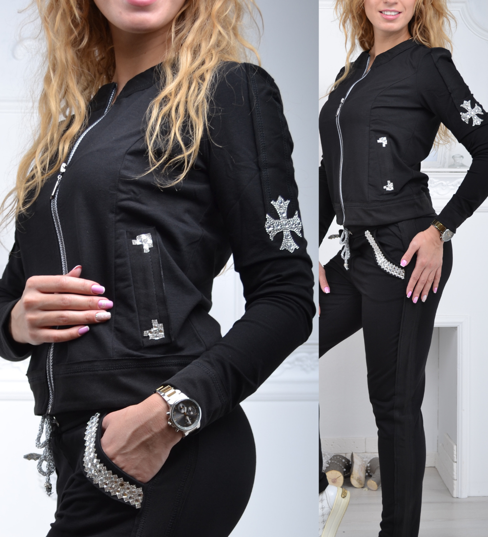 Турецький жіночий спортивний костюм на блискавці стильний брендовий зі стразами No 8816 чорний