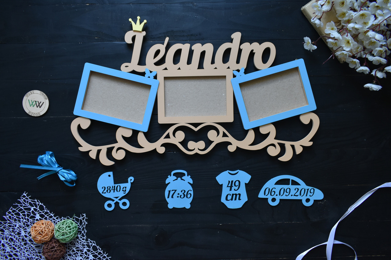 Дерев'яна дитяча фоторамка метрика на 3 фото з вензелем. Leandro (будь-яке ім'я), фото 1