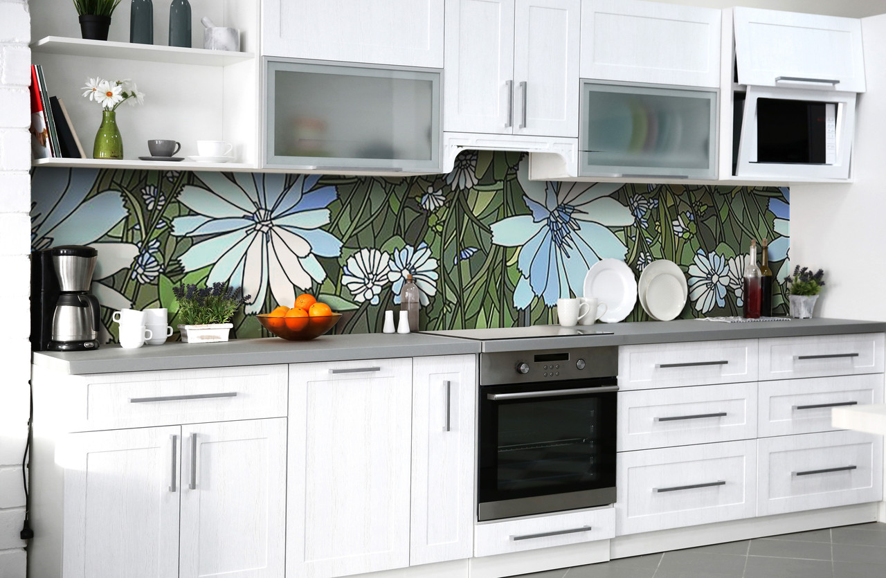 Вініловий кухонний фартух Блакитні Квіти вітраж (наклейка для кухні ПВХ плівка скіналі) трава Зелений, фото 1