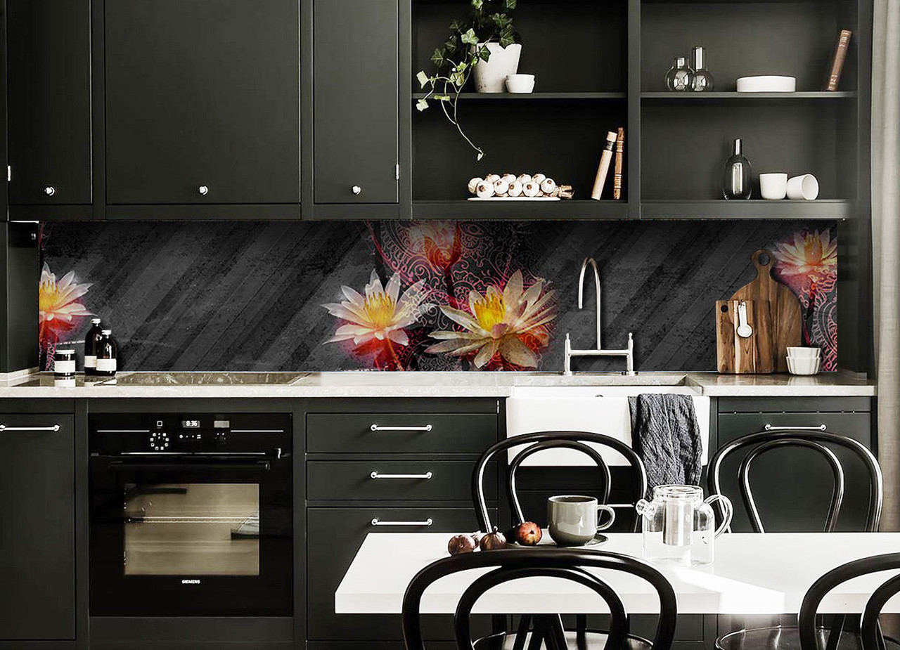 Вініловий кухонний фартух Лотос на бетон (наклейка для кухні ПВХ плівка скіналі) квіти візерунки Текстура