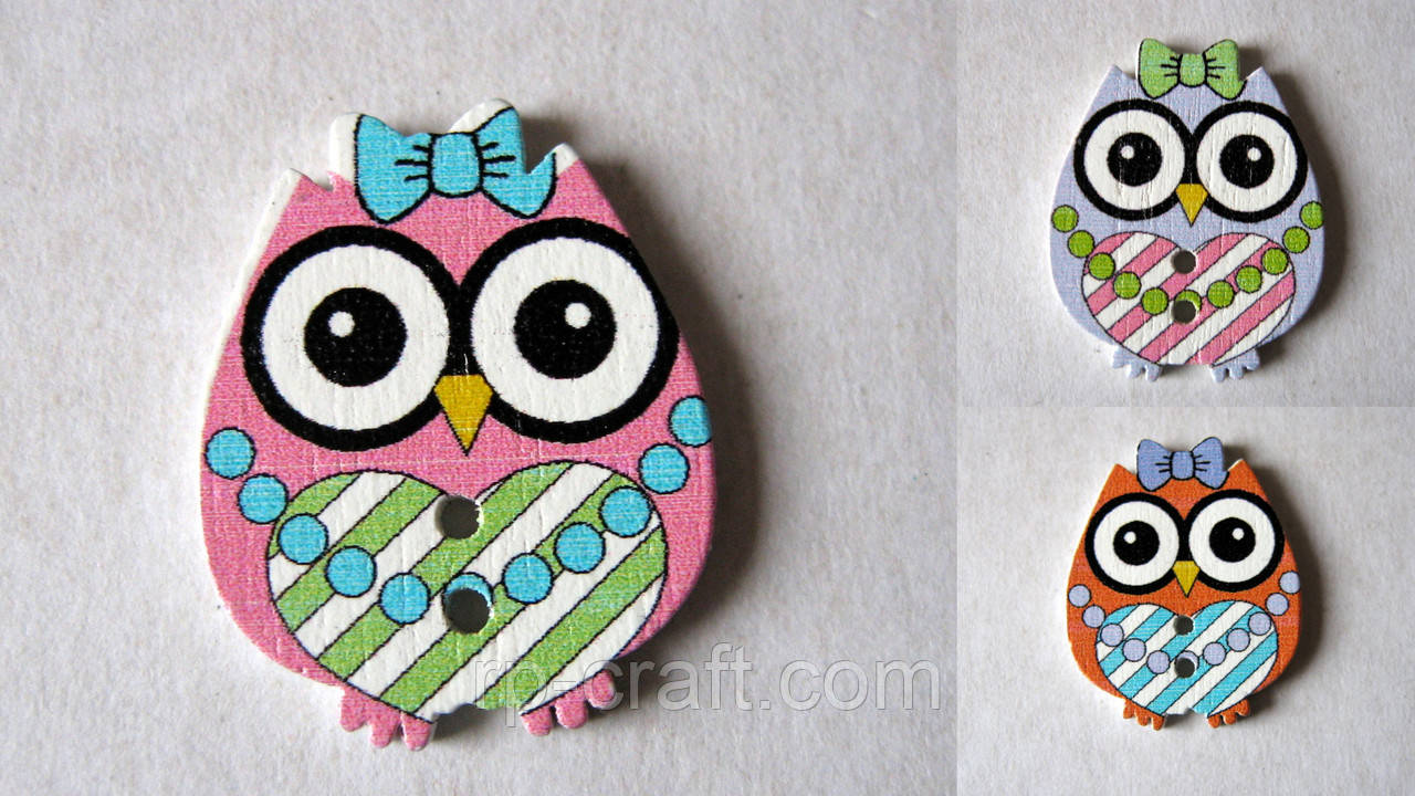 Гудзик дерев'яний, декоративний, сова, 20х25 мм, фото 1