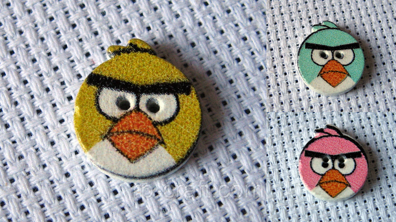 Гудзик дерев'яний декоративний, зла пташка, 13х15 мм, фото 1