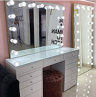 Гримерный стол для визажиста со стеклом на столешнице "Кристалл" и широкое зеркало, цвет - белый