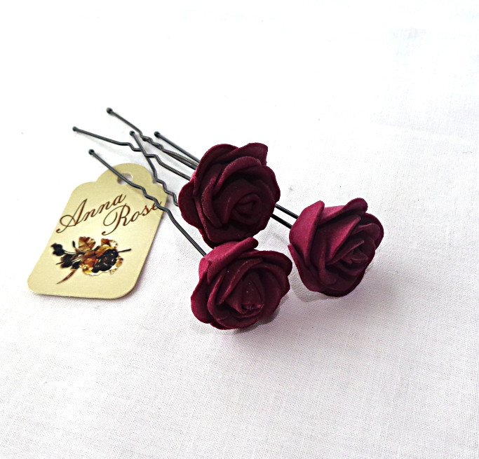 Шпильки для волосся ручної роботи "Трояндочки Бордові"