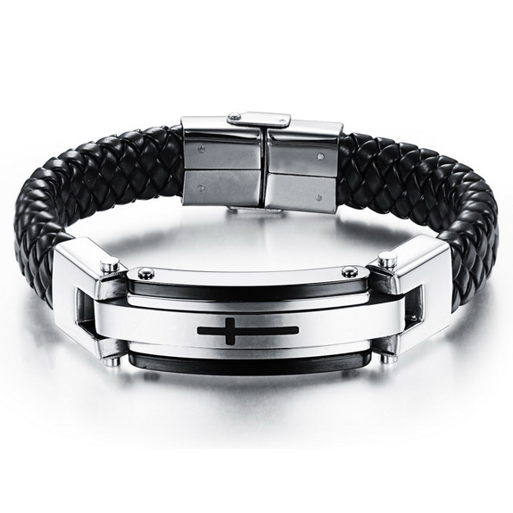 Кожаный браслет со стальными вставками "Крест", фото 1