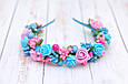 Обруч для волосся / ободок на голову з рожево - блакитними квітами / прикраса 300 Об, фото 2