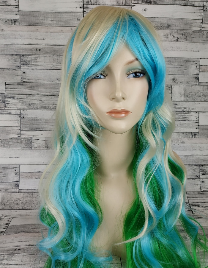 Перука різнокольорова блонд с блакитним довга хвиляста довга 70см жіноча штучна з довгим чубчиком, фото 1