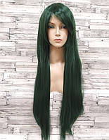 Парик зеленый длинный прямой ровный с длинной челкой женский для женщин 80см из искусственных волос