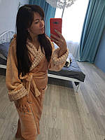 Жіночий теплий махровий домашній халат пісочного кольору