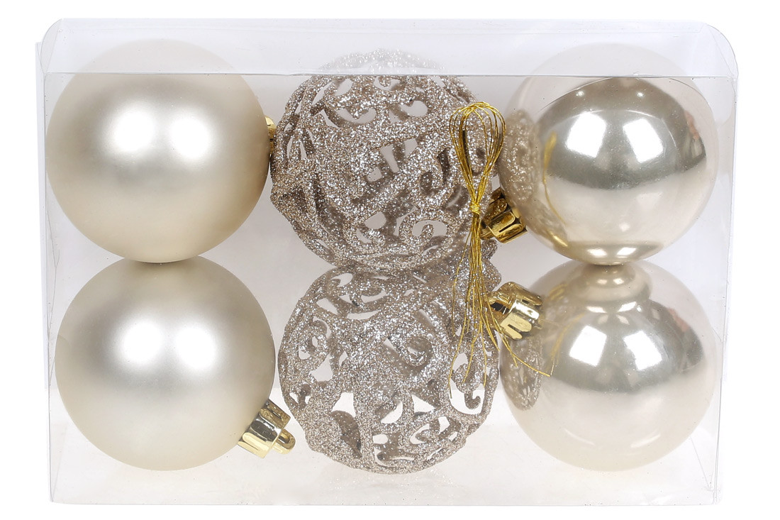 Набір ялинкових шарів Ажур, 6см, колір - шампань - матовий, перламутр, ажур глитер