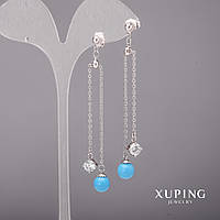 Сережки Xuping з білими каменями і перлами майорка 8х80мм Родій купити біжутерію дешево оптом в інтернеті